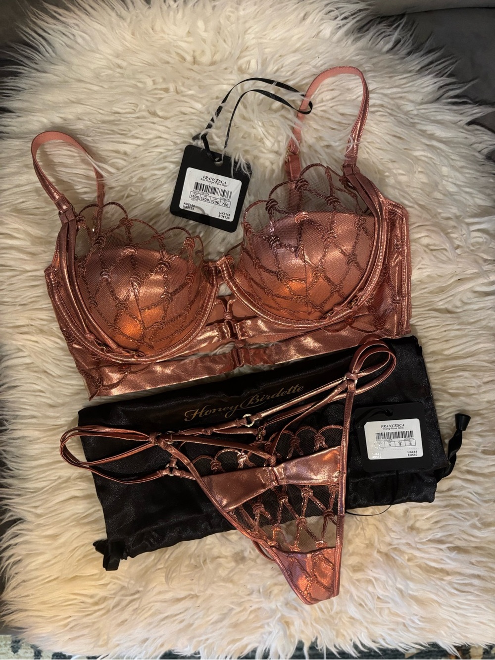 Honey Birdette Metallic Rose Gold Embroidered Underwire Bra & Thong Set